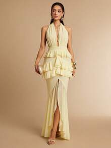 Silquee Vestido de mujer amarillo pálido con escote en V profundo, espalda descubierta y volantes multicapa, elegante para verano, vacaciones, playa, boda, fiesta, lujoso vestido de noche y de dama de honor - amarillo ganso - Ver 5