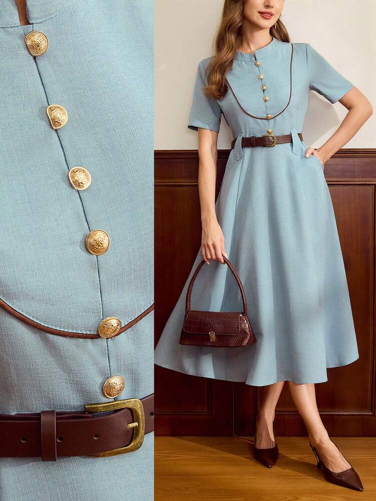 Vintamour فستان نسائي أنيق عتيق مع جيوب وحزام وتشطيب متباين وإغلاق بأزرار، فستان كاجوال للتنقل والعطلات الصيفية للنساء، ملابس صيفية، إطلالات صيفية للنساء، إطلالات ربيعية للنساء، ملابس ربيعية للنساء، إطلالات عطلة الربيع للنساء، فستان عيد الفصح للنساء، فساتين أنيقة للنساء، إطلالات عطلة للنساء، إطلالات عطلة صيفية للنساء، فساتين عادية للنساء، فساتين زرقاء للنساء - الأزرق - مشاهدة 2