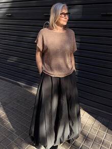 DAZY Women's Solid Color Shiny Sequin Asymmetrical Shoulder Short Sleeve Casual Vacation Top, Spring/Summer - Brown - View 3