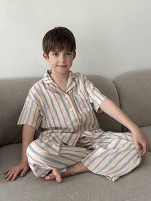DAZY 男童条纹短袖纽扣上衣和裤子睡衣套装 - 藍色 - 查看 3