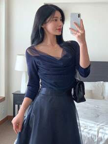 DAZY 2pcs Navy Blue Mesh Bodycon T-Shirt Set For Women - Navy Blue - View 5