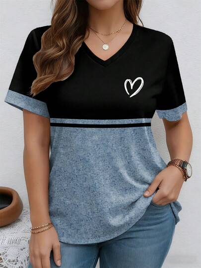 EMERY ROSE Patchwork Pattern Twill Texture Round Neck Short Sleeve Casual Plus Size T-Shirt, Spring