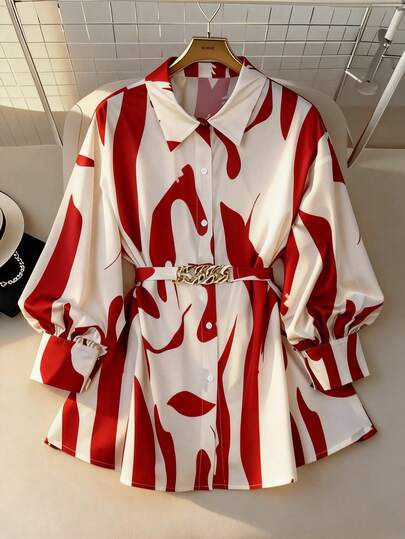 Franclia Plus Size Women's Fashionable Elegant Spring/Summer New Metal Decor Belt Long Sleeve Peach Abstract Print Regular Shirt Red Graphic Shirt Red And White Shirt Women Oversized Shirt Women Shirt Dress Oversized Shirts For Women Red And White Dress Women Red And White Outfit