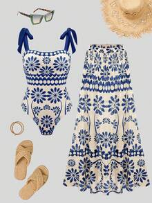 Swim Oasis 26SS Summer Holiday Beach Holiday Vacation BOHO Beige Floral One-Piece Swimsuit Skirt Set - Multicolor - View 7