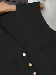 SHEIN Franclia Women's Solid Color Single-Breasted Casual Linen-Look Vest - Black - View 4