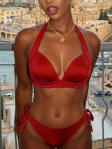 Vaytide Chất rắn Bộ Bikini Dây Áo ngực đẩy & Cà vạt Quần lót Thong Đáy 2 mảnh Bộ đồ tắm - Đỏ - Xem 3