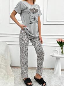 Loomlin 100%Cotton 2pcs/Set Women Cotton Animal Print Detail Homewear Pajama Set - Light Grey - View 5