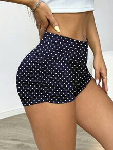 SHEIN EZwear 女士纯色褶皱骑行短裤，夏季骑行、瑜伽运动蓝白波点印花波点短裤泳衣高腰收腹女士短裤 - 彩色 - 查看 2