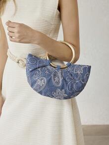 MOTF PREMIUM BOLSO DE MANO PARA MUJER, BOLSO DE TOTE SEMI-REDONDO CON BORDADO DELICADO - Celeste - Ver 7