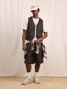 SUMWON 男士无袖纽扣马甲休闲叠穿马甲经典V领常规版型正式商务秋冬风格外套 - 棕色 - 查看 1