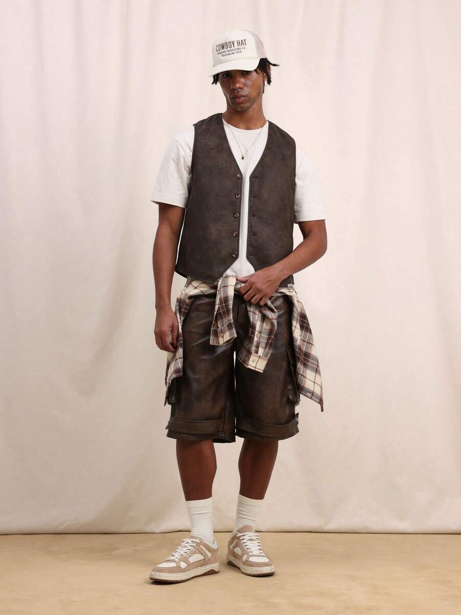 SUMWON 男士无袖纽扣马甲休闲叠穿马甲经典V领常规版型正式商务秋冬风格外套 - 棕色 - 查看 1