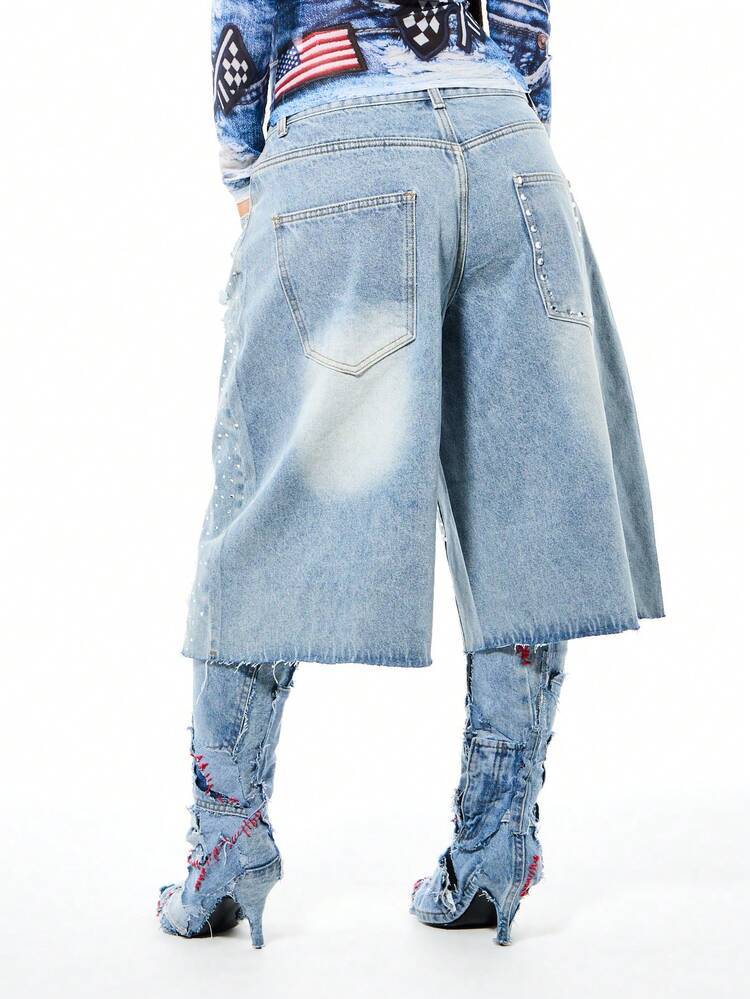 SUMWON WOMEN Women's Distressed Denim Jorts With Rhinestone Embellishments Longline Wide Leg Ripped Raw Hem Drawstring Waist Summer Festival Denim Shorts