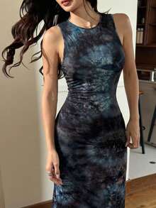 SHEIN EZwear 女士修身夏季印花吊带紧身长裙 - 黑與白 - 查看 6