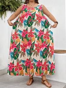 SHEIN CURVE+ 尺码 US22 大码女式无袖印花连衣裙，适合音乐节、海滨度假、波西米亚风等各种场合，夏季、假日、秋冬皆宜，尺码齐全。 - 彩色 - 查看 6