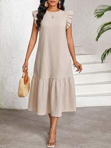 SHEIN Lady 女士纯色圆领褶皱休闲派对旅行中长连衣裙 - 卡其色 - 查看 1