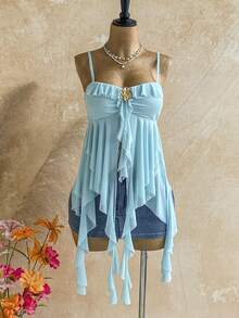 Soleia Spring To Summer Carnival Carnival Costume  Party Beach Wedding Beach Graduation Winter Festival Vacation Women's Metal Flower Decor Ruffle Asymmetric Hem Camisole - Blue - View 5