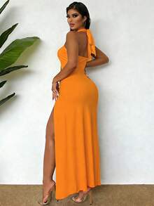 VaVaBold Đầm maxi nữ kiểu dáng xẻ tà, cổ yếm, hở lưng, xoắn phía trước, xẻ đùi. - trái cam - Xem 2