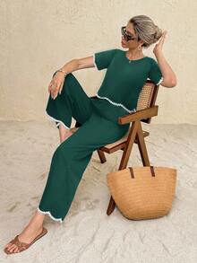 SHEIN Frenchy Women's Round Neck Short Sleeve Shirt And Pants Casual 2 Pieces Set - Dark Green - View 5