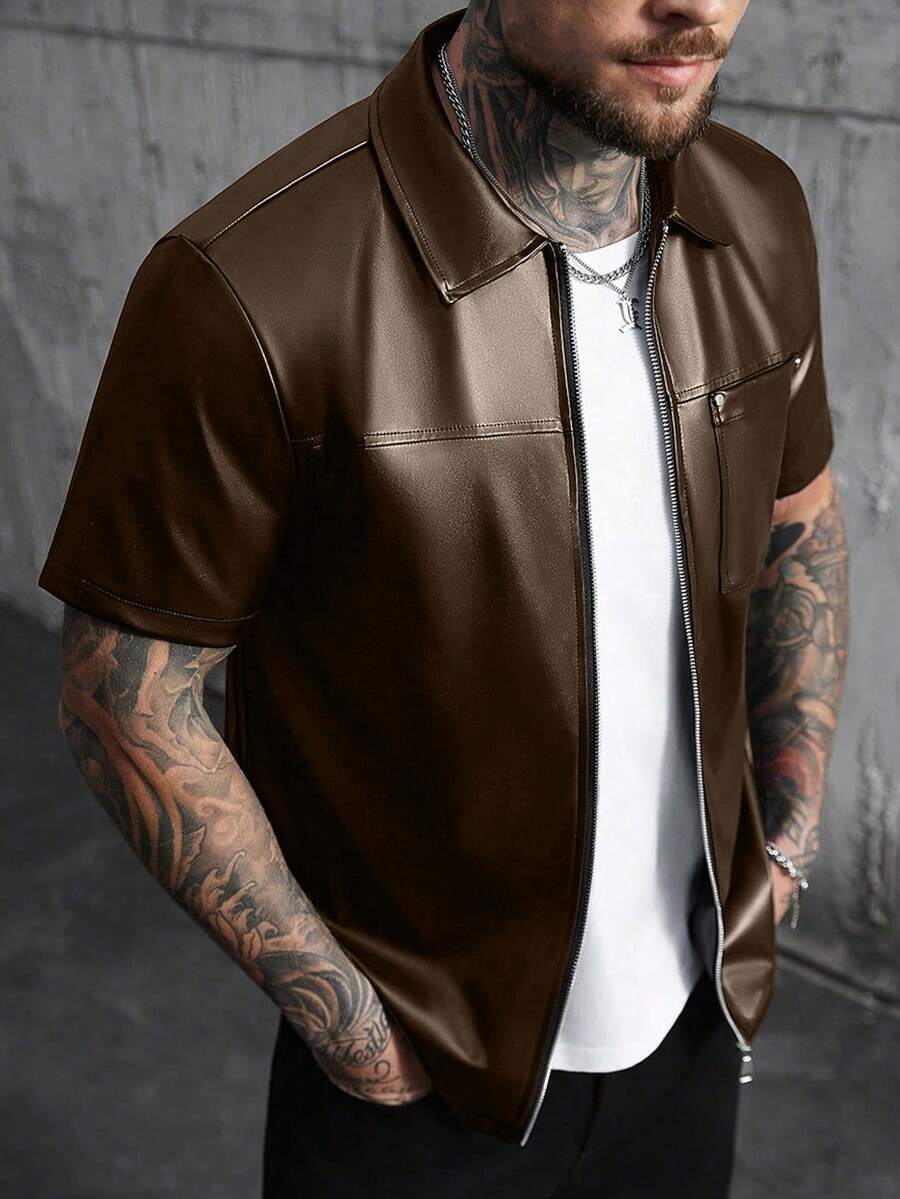 SLATEMANN Men's Loose Fit PU Leather Front Zip Short Sleeve Brown Shirt, Streetwear - Brown - View 1
