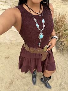 Rustia Damen Große Größen Ärmellose Lässig Tank Top mit einfarbigem Stoff und asymmetrischem Saum, vielseitig und elegant für den täglichen Gebrauch - Braun - Übersicht 7
