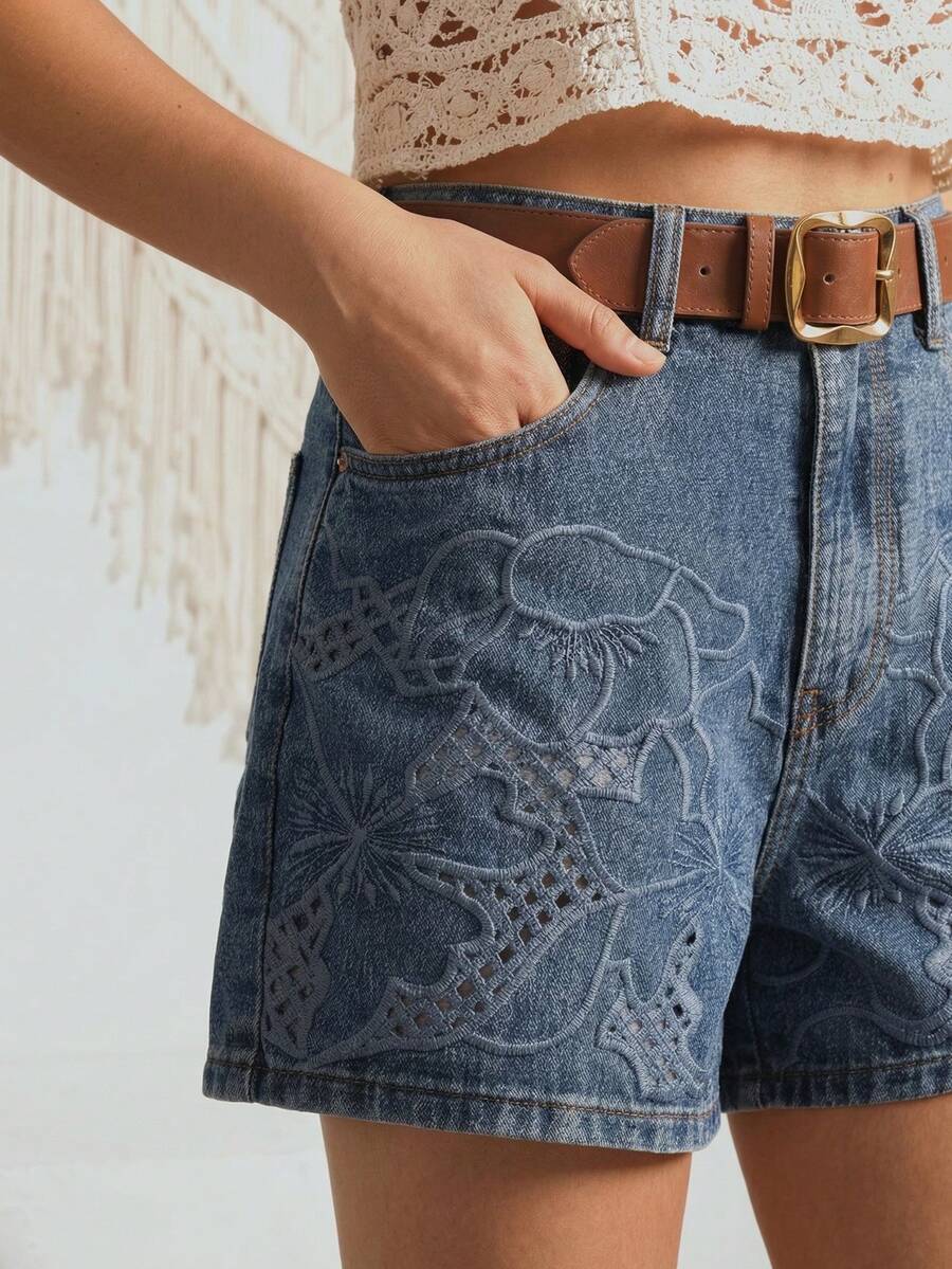 Anewsta Quần short denim ống rộng màu xanh dương đậm, thêu họa tiết cầu kỳ, cạp cao, dáng suông dành cho nữ. - Màu xanh lam - Xem 1