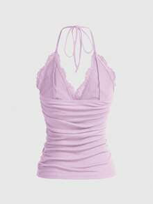 ROMWE PUNK Women's Elegant Solid Color Contrast Lace Halter Top, Summer - Lilac Purple - View 2