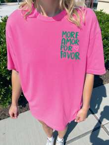 DrmWander Women's Casual Loose Letter Print Round Neck Short Sleeve T-Shirt, Summer - Hot Pink - View 2