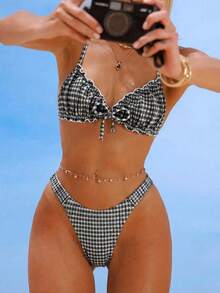 Swim Mod Textured Fabric Ruched Front Tie Bow Waist Pleated Cute Sweet Fashion Lively Party 2-Piece Bikini Set Set - Black - View 1