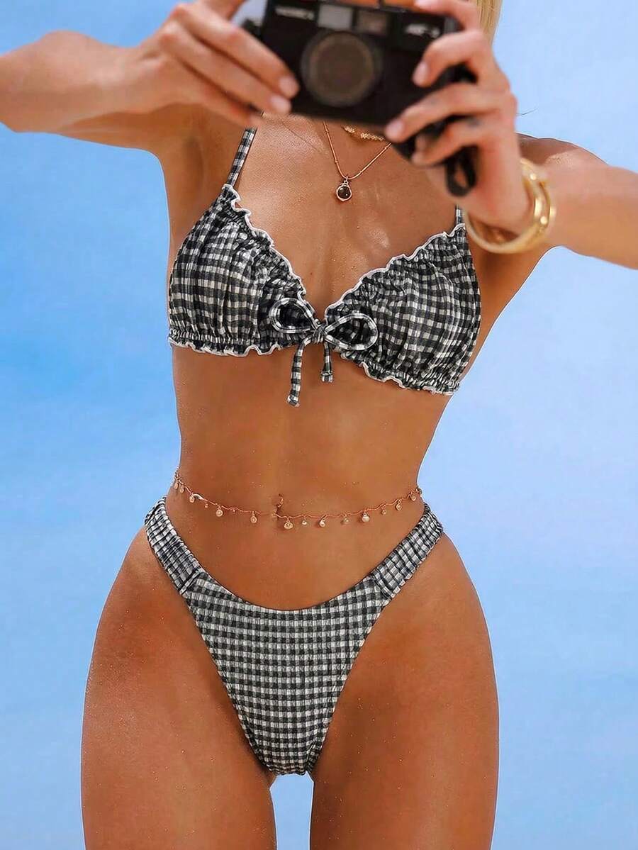 Swim Mod Textured Fabric Ruched Front Tie Bow Waist Pleated Cute Sweet Fashion Lively Party 2-Piece Bikini Set Set - Black - View 1