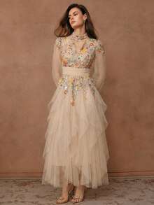 Anewsta Women's Elegant Beige Summer Wedding Guest Embroidered Dress,Long Sleeve Patchwork Pleated Mesh Long Formal Gown For Spring,Vacation,Festival,Party - Multicolor - View 5