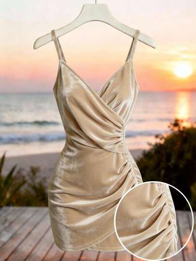 SHEIN Raffinéa Women's Elegant New Dress, Spaghetti Strap V-Neck Ruched Bodycon Mini Dress, Stretchy Shiny Fabric, Suitable For Multiple Occasions, Spring/Summer/Autumn/Winter