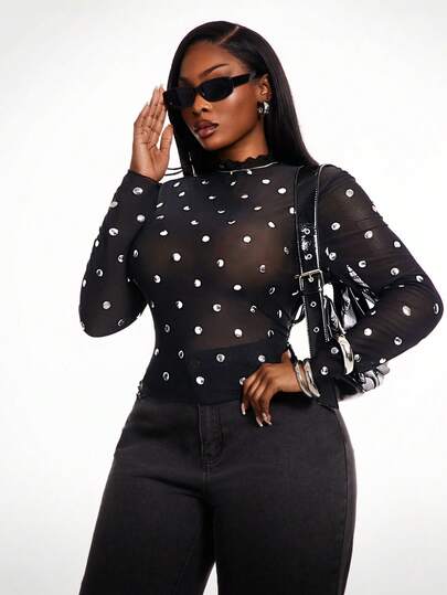 Radiana Plus Size Women's Fashion Versatile Sexy Skinny Gorgeous Glamorous Sexy Basic Handmade Metallic Sequin Decoration With Mesh Fabric See-Through Tights Top ,Minimalist Fashion For Everyday Wear Long Sleeve Bling Top,Suitable For Leisure,Everyday Wear