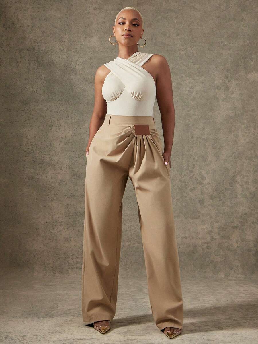 Vixey High Waist Elastic Back Band Asymmetrical Wrap Over Woven Pants - Apricot - View 1