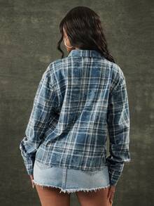 Denimoi 扭结前襟低领格子上衣 - 霧霾藍 - 查看 5