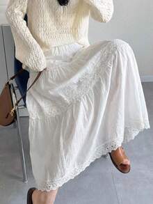 FRIFUL Women's Contrast Lace Maxi Flared Skirt - White - View 4