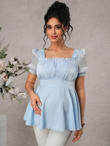 Momance 荷叶边孕妇衬衫，方领，双层设计，A字下摆，荷叶边上衣 - 淺藍色 - 查看 5