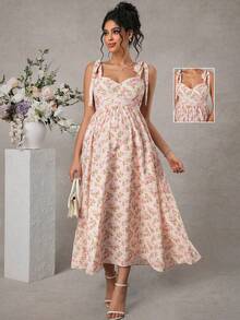 Momance 印花系带露肩优雅孕妇连衣裙 - 彩色 - 查看 6