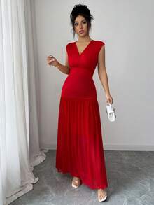 Elenzga Women's Red Summer Elegant Party V-Neck Sleeveless Dress,Side Elastic Ruched Waist Splice Mesh Hem,Sophisticated Formal Occasions Birthday Outfit - Fiery Red - View 5