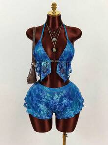 Amplova 女士春季新款蕾丝渐变图案低胸吊带背心和低腰短裤套装 - 彩色 - 查看 1