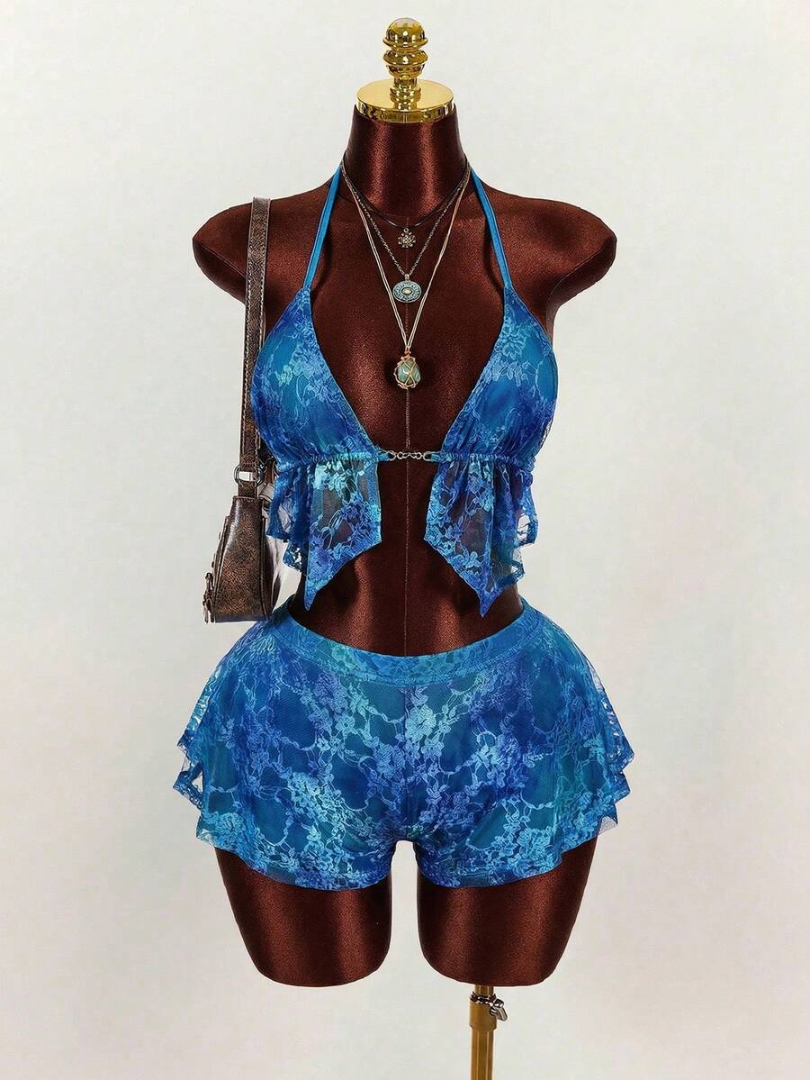 Amplova 女士春季新款蕾丝渐变图案低胸吊带背心和低腰短裤套装 - 彩色 - 查看 1