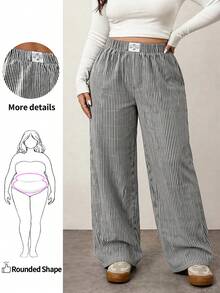 Enliva Plus Size Women Striped Print Applique Woven Elastic Waist Casual Pants Women Clothing,Business Casual Woman, Wearable In All Seasons Valentine's Day Outfit, For Apple And Rounded Body Shape - Black and White - View 1