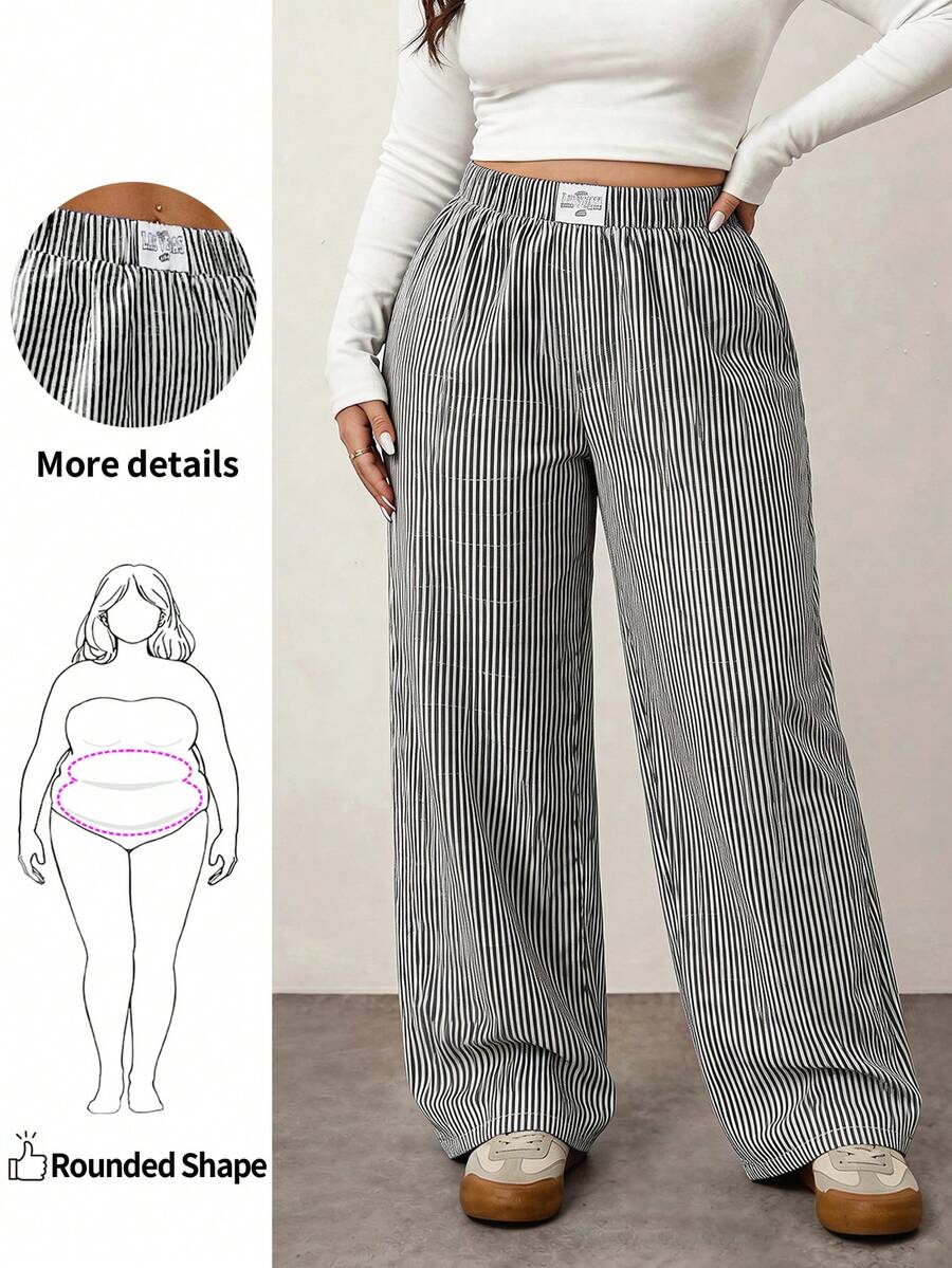 Enliva Plus Size Women Striped Print Applique Woven Elastic Waist Casual Pants Women Clothing,Business Casual Woman, Wearable In All Seasons Valentine's Day Outfit, For Apple And Rounded Body Shape - Black and White - View 1