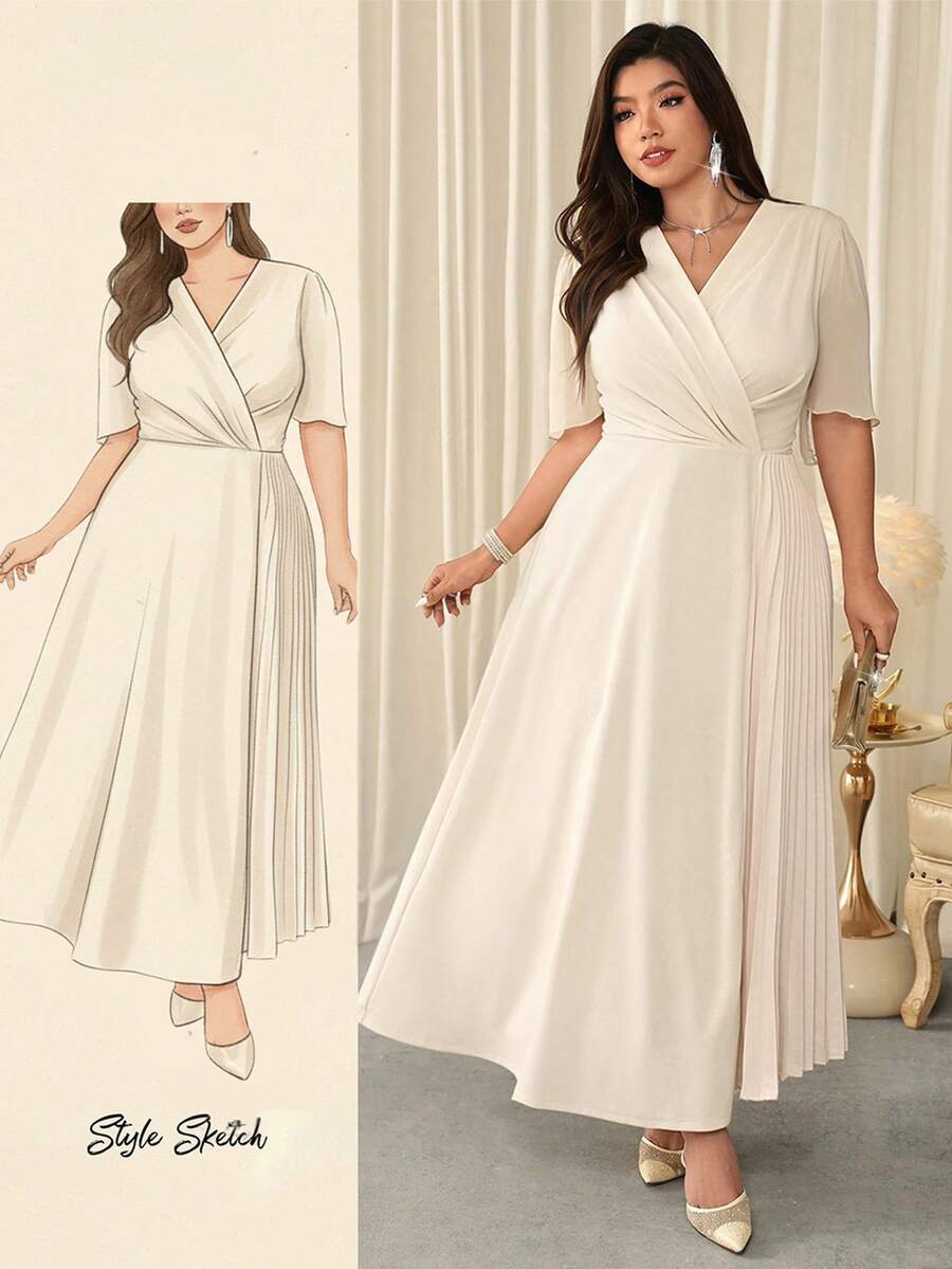 Firerie Vestido de fiesta elegante con cuello en V y cintura fruncida para mujer de talla grande - Albaricoque - Ver 1