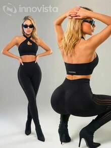 Innovista Women's Backless Seamless Criss-Cross Halter Cycling Suit Set - Black - View 1