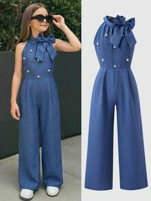 SHEIN 春夏灰蓝色蝴蝶结装饰无袖连体裤，宽松阔腿裤，简约风格，适合年轻女孩日常穿着、短途通勤、与朋友休闲聚会。 - 藍色 - 查看 3