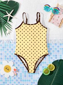 SHEIN Young Girls' Casual Minimalist One-Piece Swimsuit, Suitable For Summer Kids Bathing Suits Polka Dot Swimsuit Young Girl Swim Suit Girls Swimwear - Multicolor - View 3