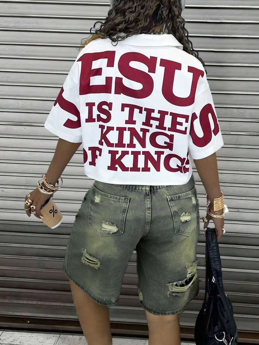 Rovax Plus Size Women Letter Print Short Sleeve Casual Loose Shirt - Multicolor - View 1