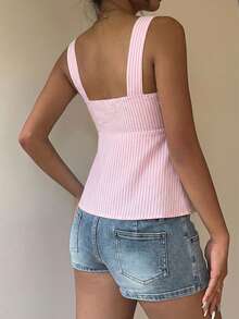 SHEIN 休闲简约日常百搭粉白条纹度假装，女士夏季穿搭，女士抽绳吊带背心，户外上衣，可爱夏日上衣 - 彩色 - 查看 3