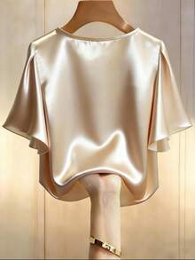 Qadelle Elegant Solid Color Pearl Decor V-Neck Blouse - Champagne - View 2