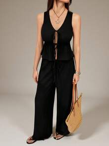 SHEIN Tall Conjunto casual de vacaciones de punto negro para mujer - Negro - Ver 7